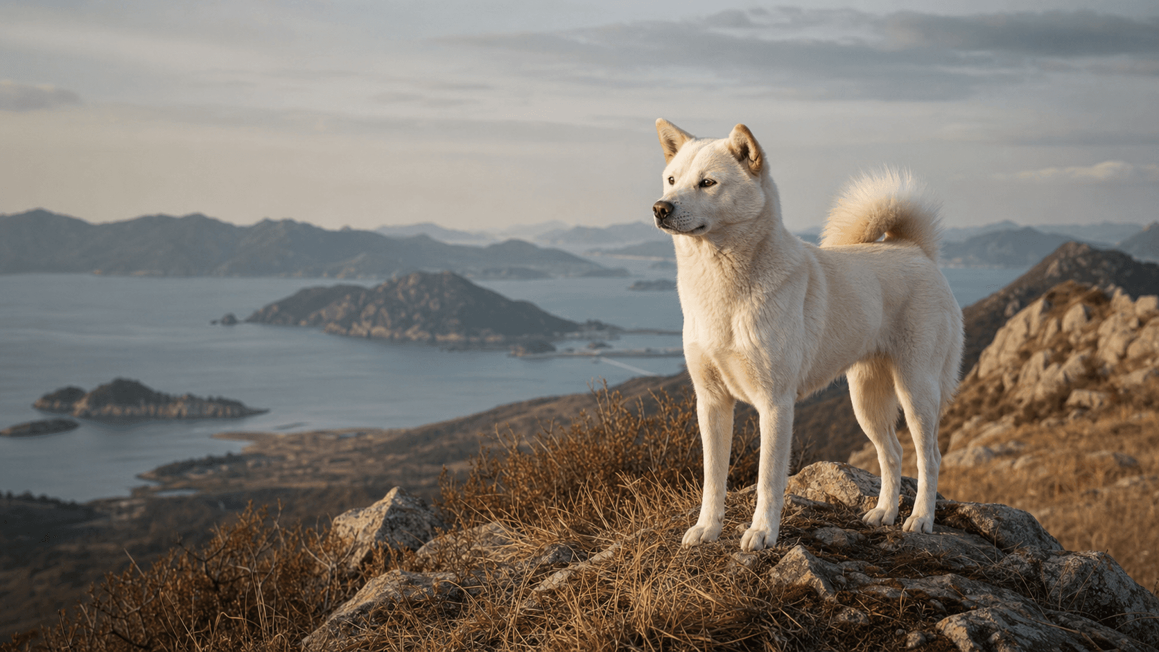Korean Jindo standing on the Jindo Island coast